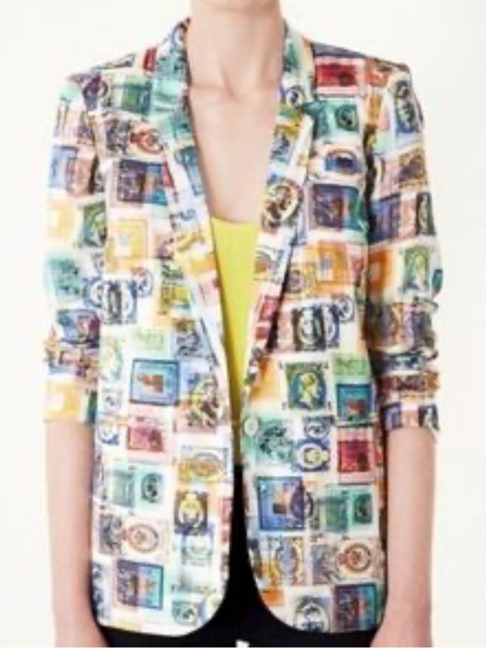 Topshop White and Colorful Retro Postage Stamp Collage Blazer Jacket Size 0